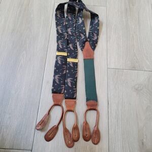 Vintage Polo Ralph Lauren Suspenders Mens Green Duck Print Leather Brass USA 90s